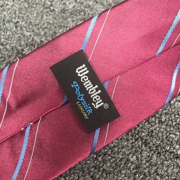 Wembley Men Dark Pink Gray Blue Lined Diagonal Polysilk Luxury Tie W:3” L:57” - Picture 5 of 7